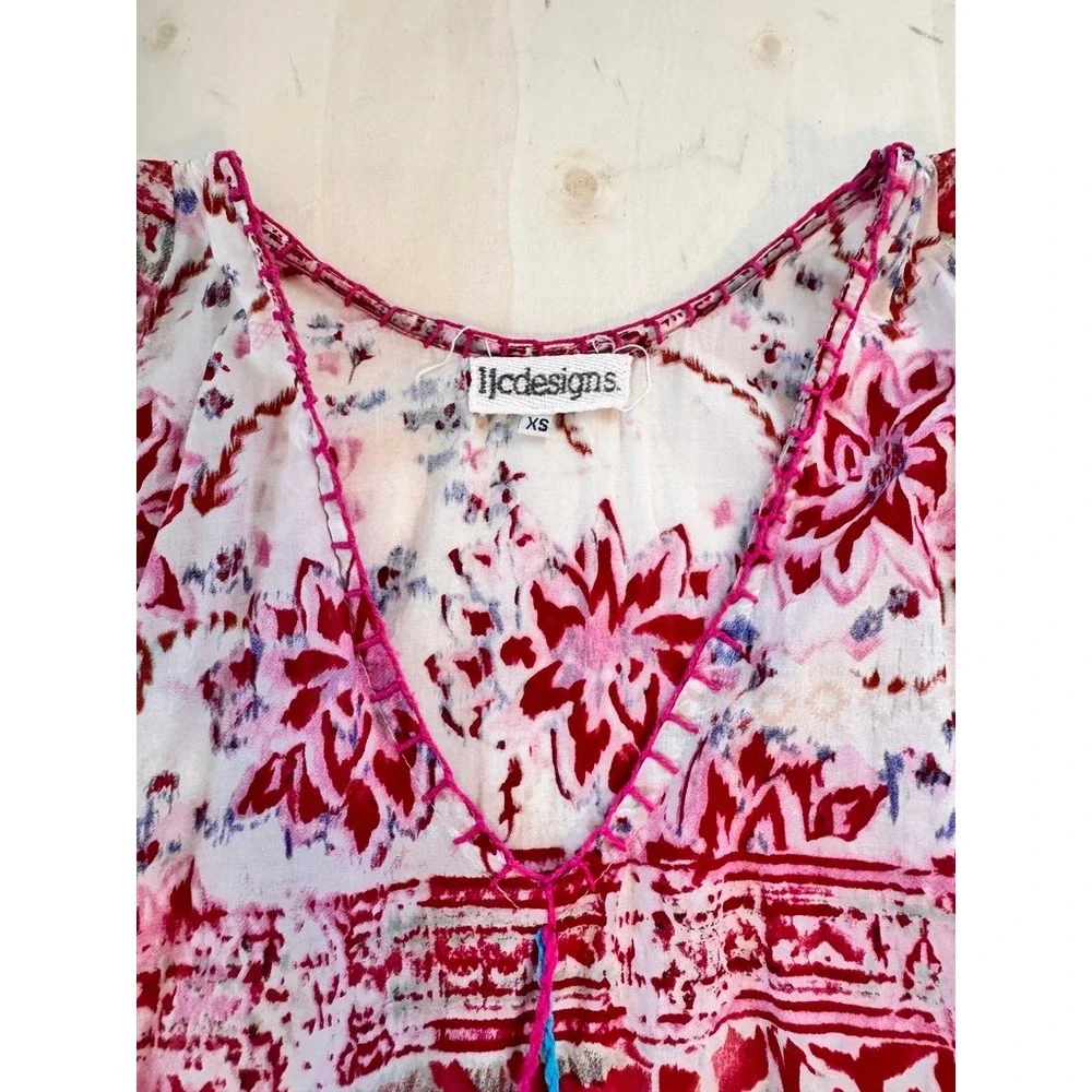 Bohemian Pink Floral Tassel Hem Sleeveless Tunic Top Mini Dress xS